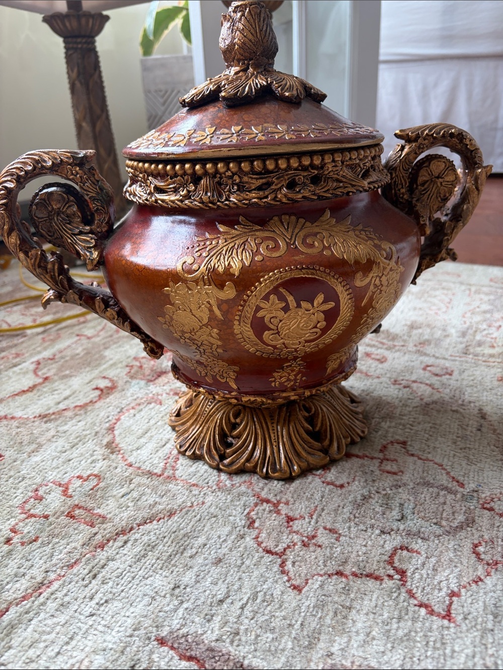 Ornate Red and Gold Decorative Urn with Lid - Classic Accent Vase